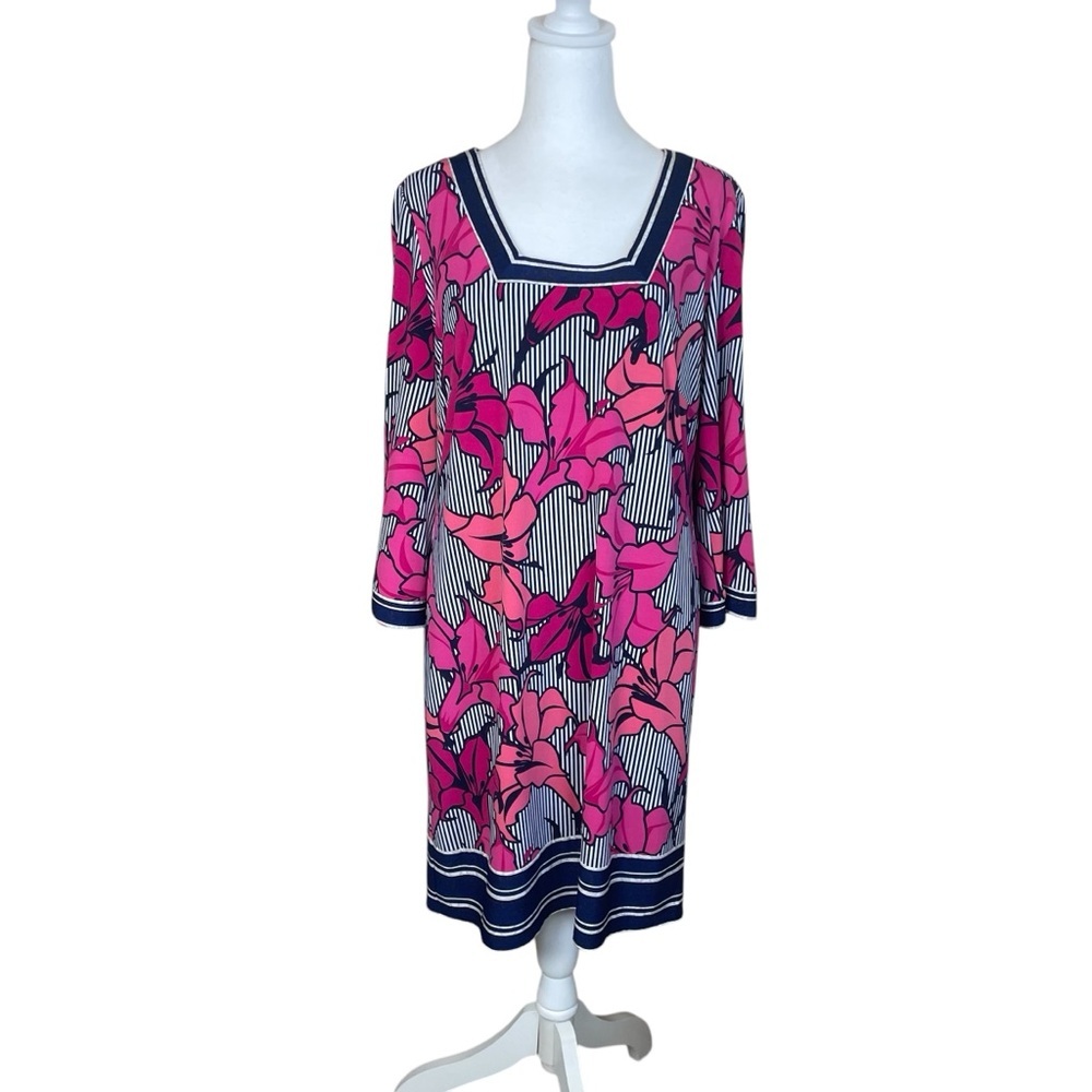 Laundry By Shelli Segal Navy Stripe Pink Floral Dress Medium Lilly Flower Casual